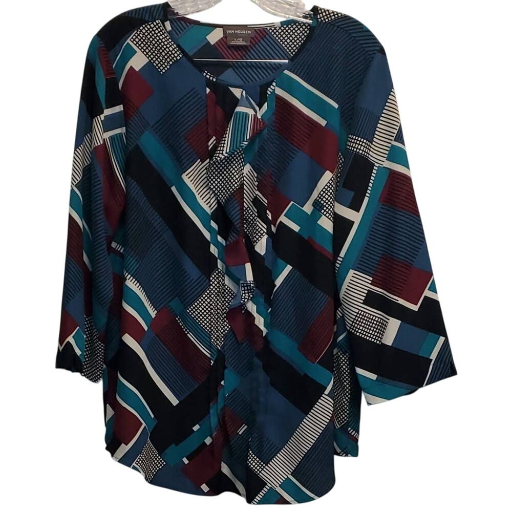 Van Heusen Women's Polyester Multicolor Ruffle 3/4 Sleeves Flowy Blouse Large